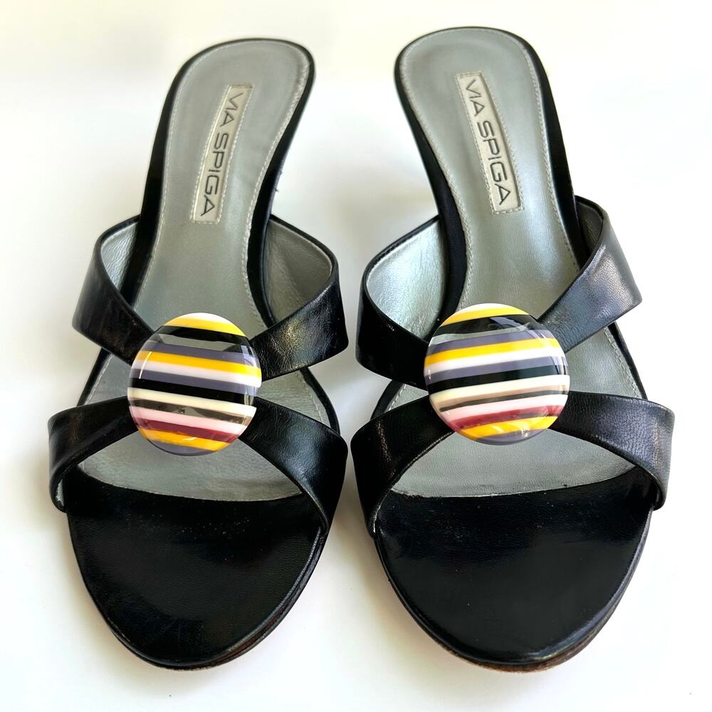 Vintage Via Spiga Black Leather Kitten Heel Sandals Strappy Size 5.5